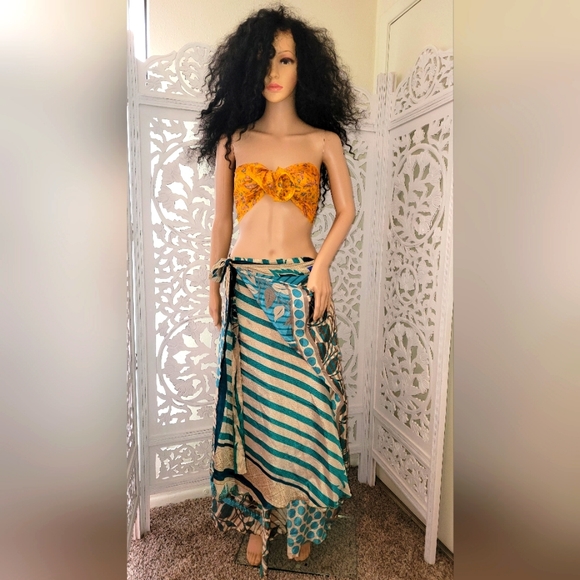 Exotic Silk Turquoise Print Boho Wrap Maxi Skirt - Picture 2 of 10